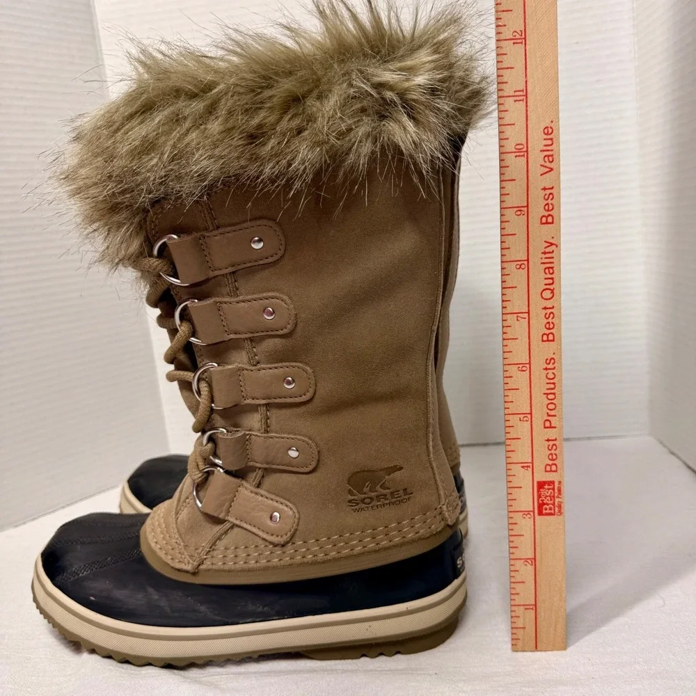 Sorel Joan of Arctic Boots Women 6.5 Waterproof Snow Faux Fur Camel Navy NL3481